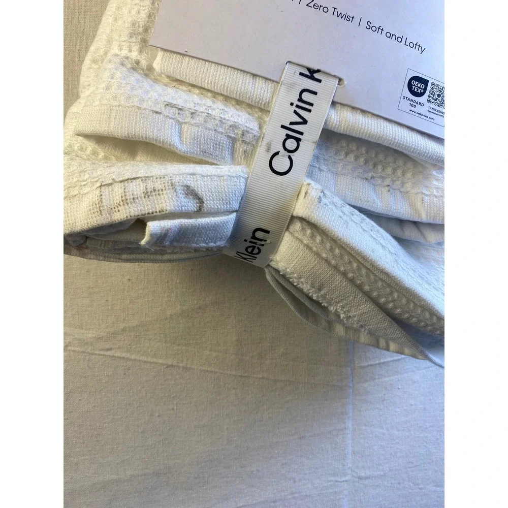 Calvin Klein Eternity Solid White 3 Piece Towel Set 100% Cotton Waffle Weave NEW